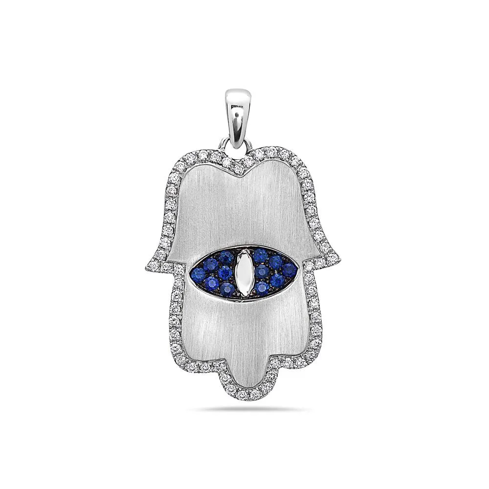 18K White Gold Hamsa Women's Pendant with 0.55CT Diamonds & 0.43CT SAP