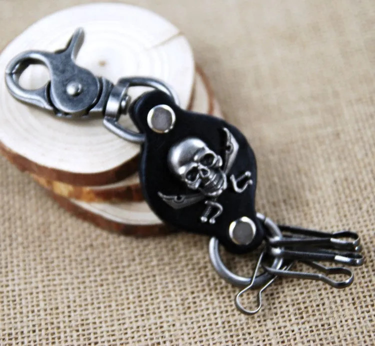 Black Gun Plated Leather Pirate Skull Keychains