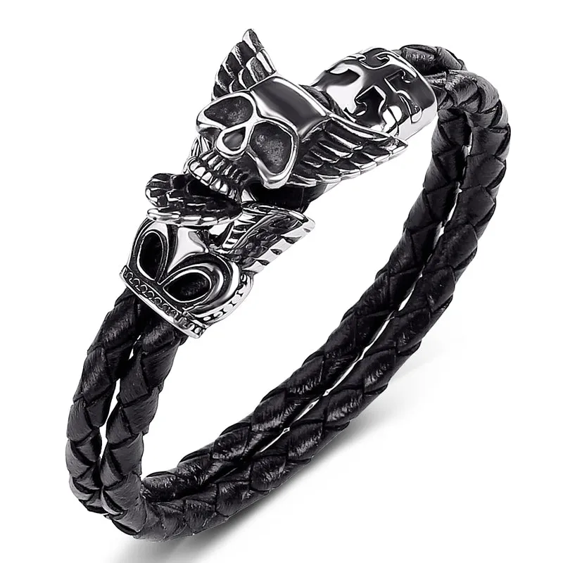 Braided Leather Punk Feather Wings Skull Bracelet