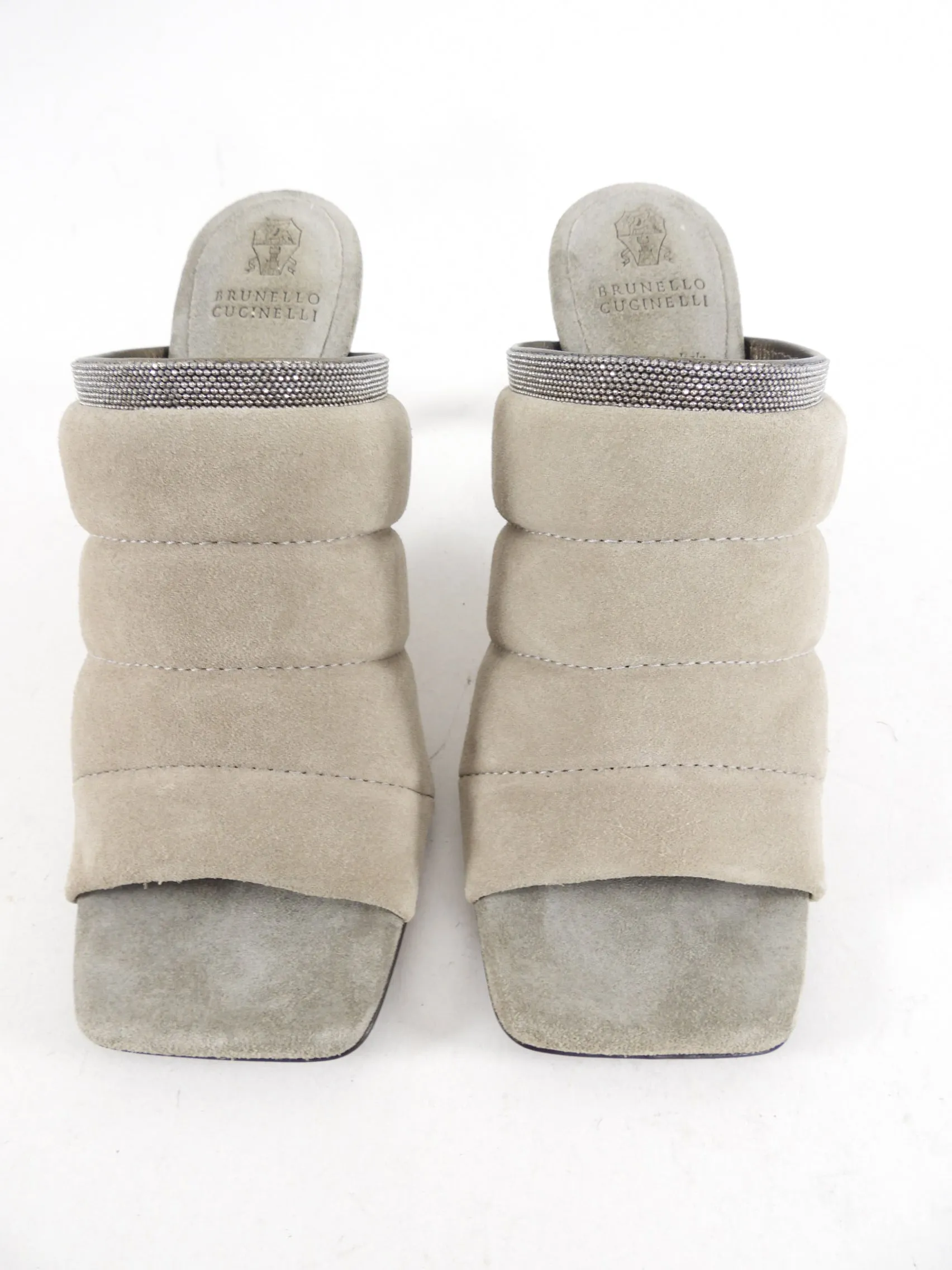 Brunello Cucinelli Grey Suede Padded Monili Mule Sandal - 36.5 / 37