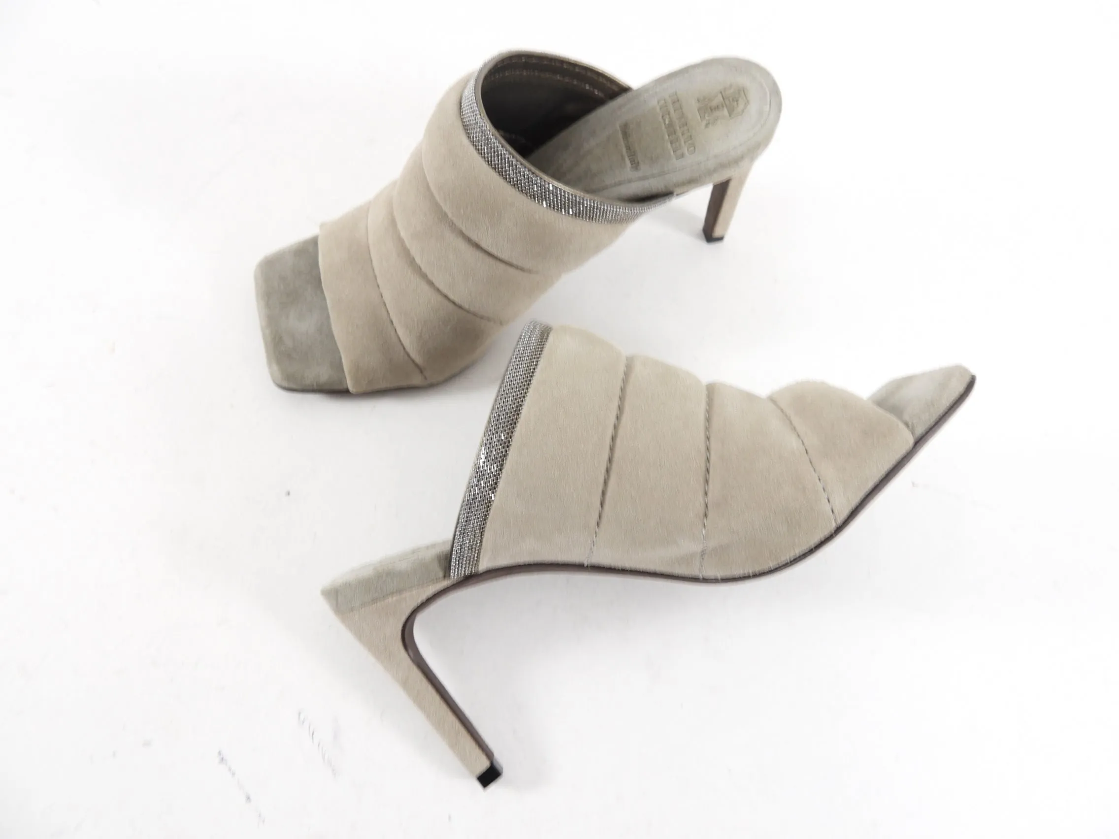 Brunello Cucinelli Grey Suede Padded Monili Mule Sandal - 36.5 / 37