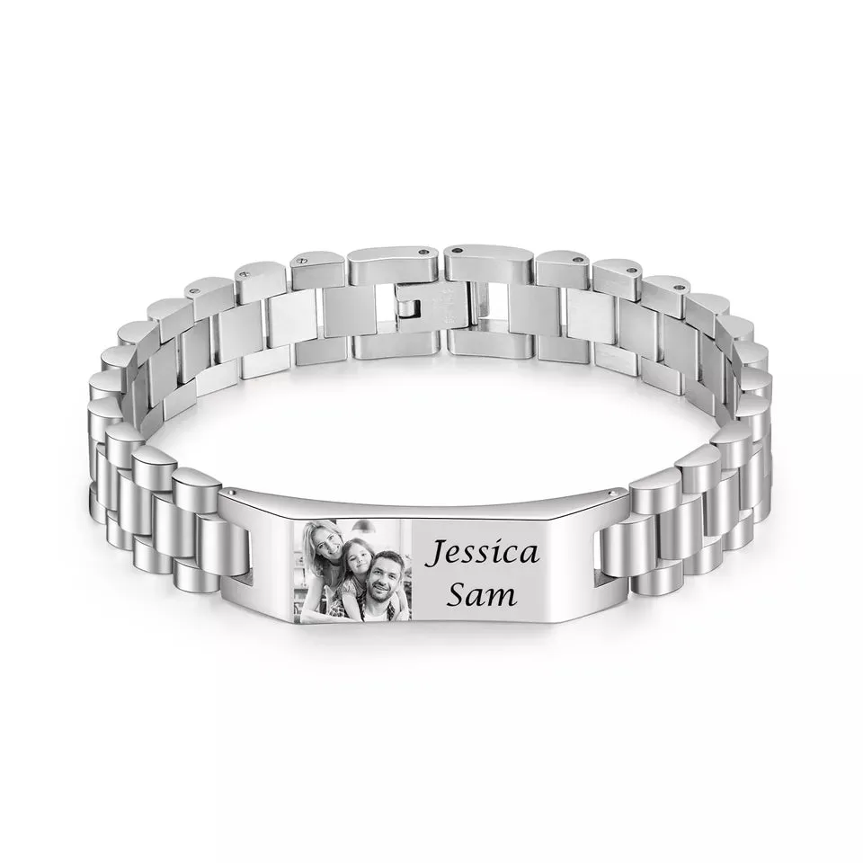 Custom Engraved Photo and Name Bracelet for Men Stainless Steel