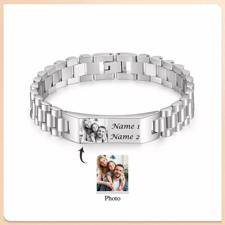 Custom Engraved Photo and Name Bracelet for Men Stainless Steel