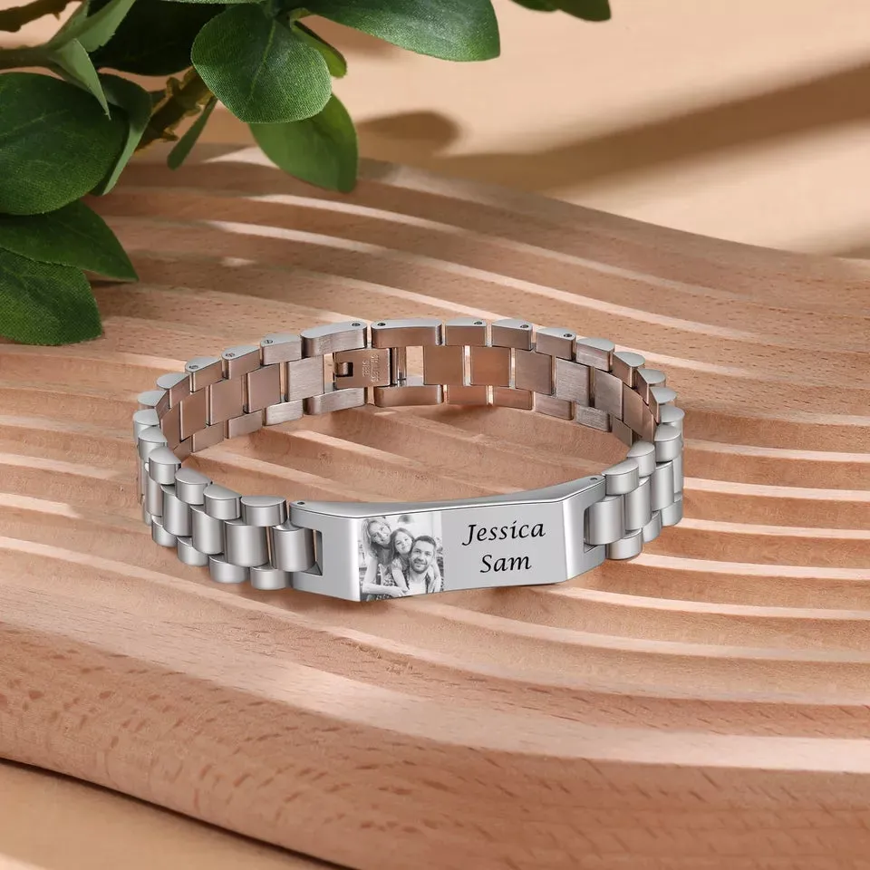 Custom Engraved Photo and Name Bracelet for Men Stainless Steel