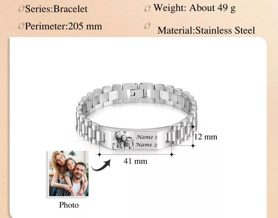 Custom Engraved Photo and Name Bracelet for Men Stainless Steel