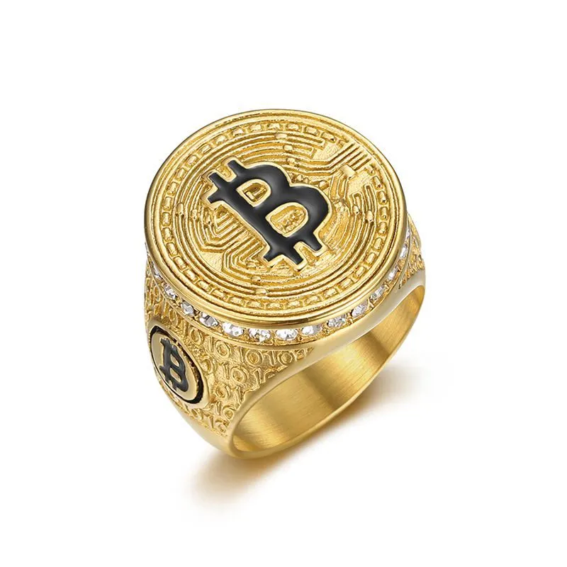 Hip Hop Rapper Men's Stainless Steel Paved Bitcoin Round Ring Jewelry