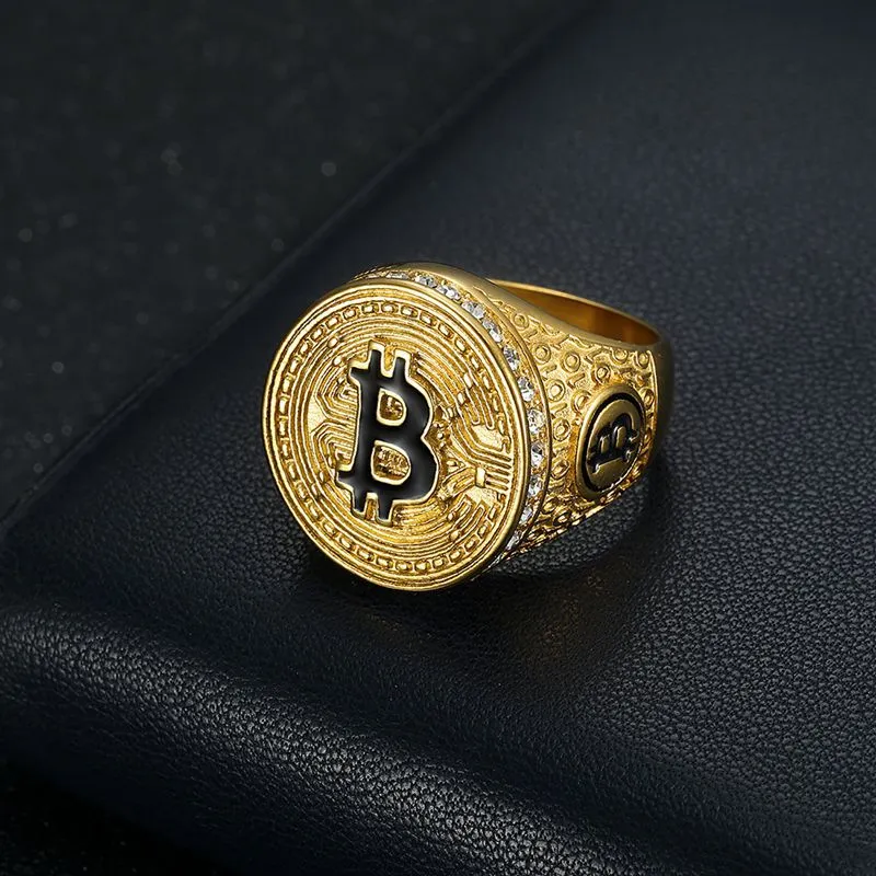 Hip Hop Rapper Men's Stainless Steel Paved Bitcoin Round Ring Jewelry