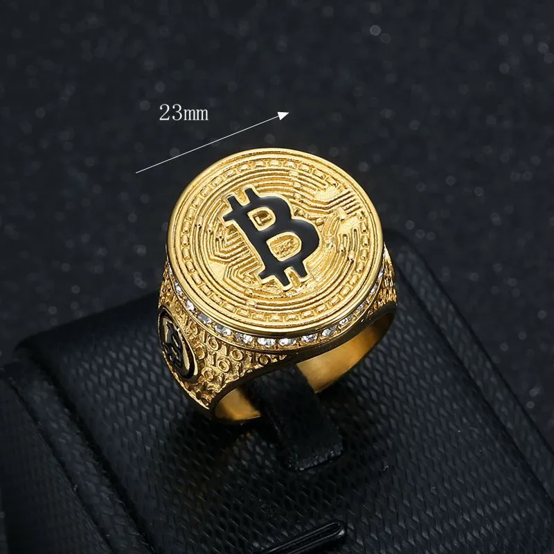 Hip Hop Rapper Men's Stainless Steel Paved Bitcoin Round Ring Jewelry