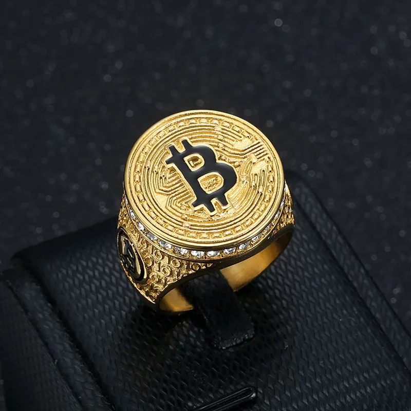 Hip Hop Rapper Men's Stainless Steel Paved Bitcoin Round Ring Jewelry