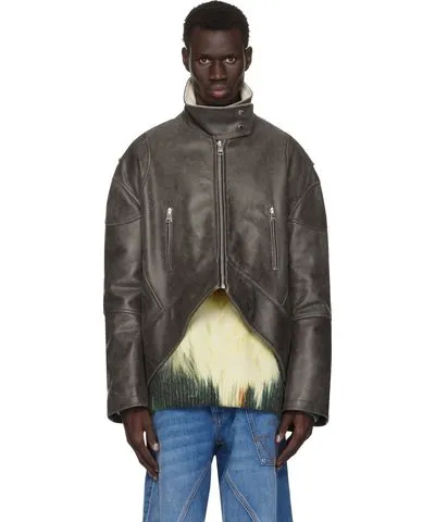 JW Anderson Gray Curved Hem High Neck Leather Jacket