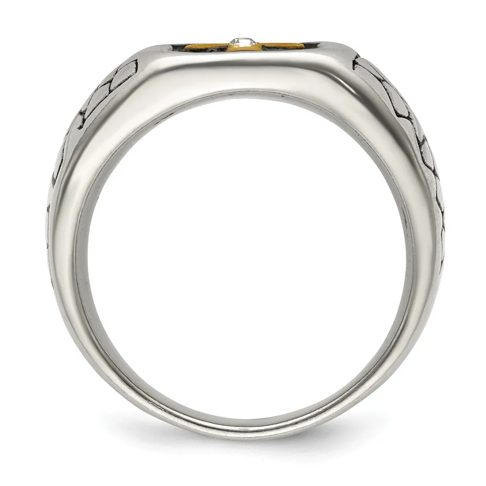 Men's 13mm Stainless Steel, Gold Tone Plated & CZ Cross Tapered Ring