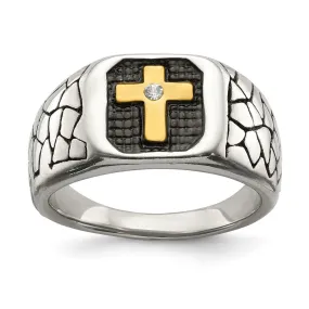 Men's 13mm Stainless Steel, Gold Tone Plated & CZ Cross Tapered Ring