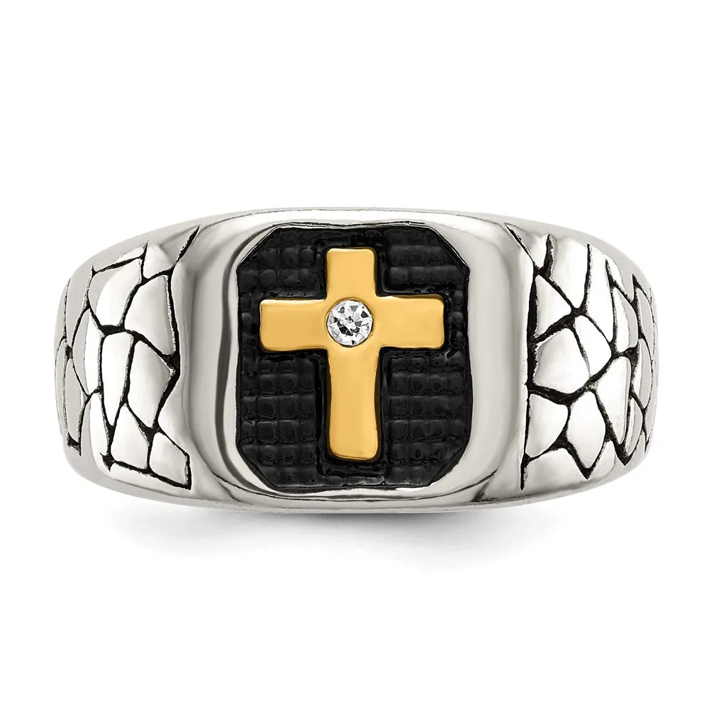 Men's 13mm Stainless Steel, Gold Tone Plated & CZ Cross Tapered Ring