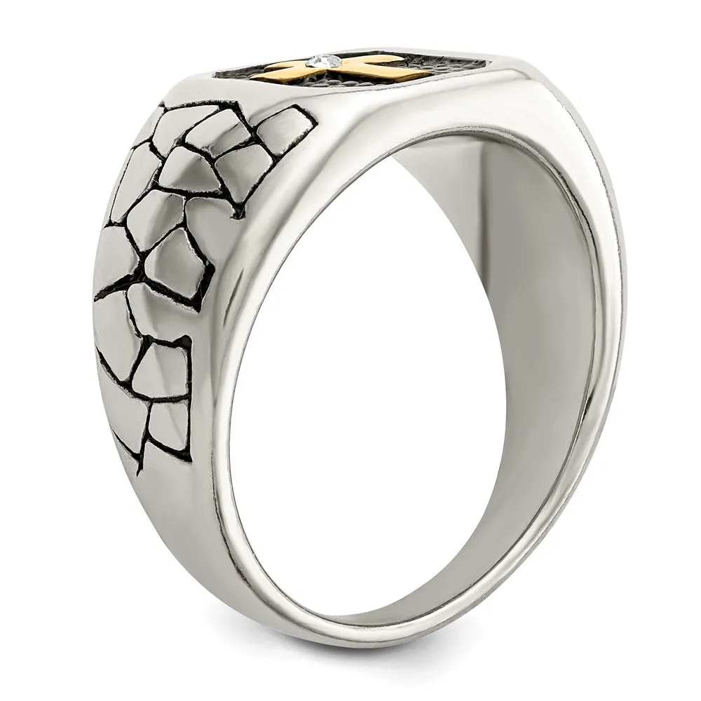 Men's 13mm Stainless Steel, Gold Tone Plated & CZ Cross Tapered Ring