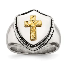 Men's 18mm Stainless Steel & 14k Gold Accent Shield Cross Ring