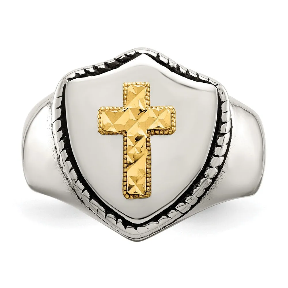 Men's 18mm Stainless Steel & 14k Gold Accent Shield Cross Ring