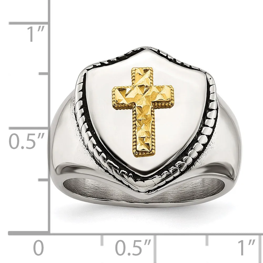 Men's 18mm Stainless Steel & 14k Gold Accent Shield Cross Ring