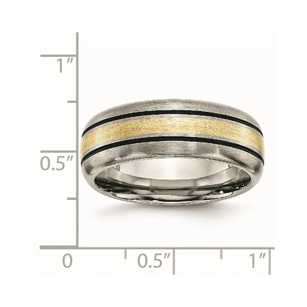 Men's 8mm Titanium & 14K Gold Inlay Antiqued/Brushed Grooved Band