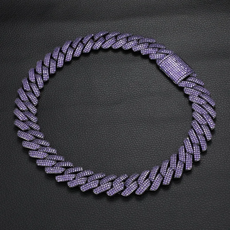 Men's Hip Hop Fashion 3 Rows Purple Stone Link Chain Necklace