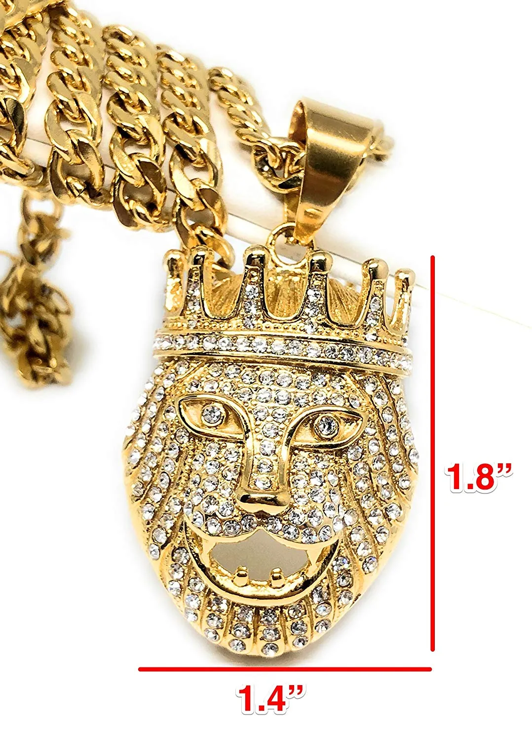 Men's Hip Hop Gold Plated Iced Out Lion Crown Face Head Pendant Necklace 30 Cuban Link 7mm