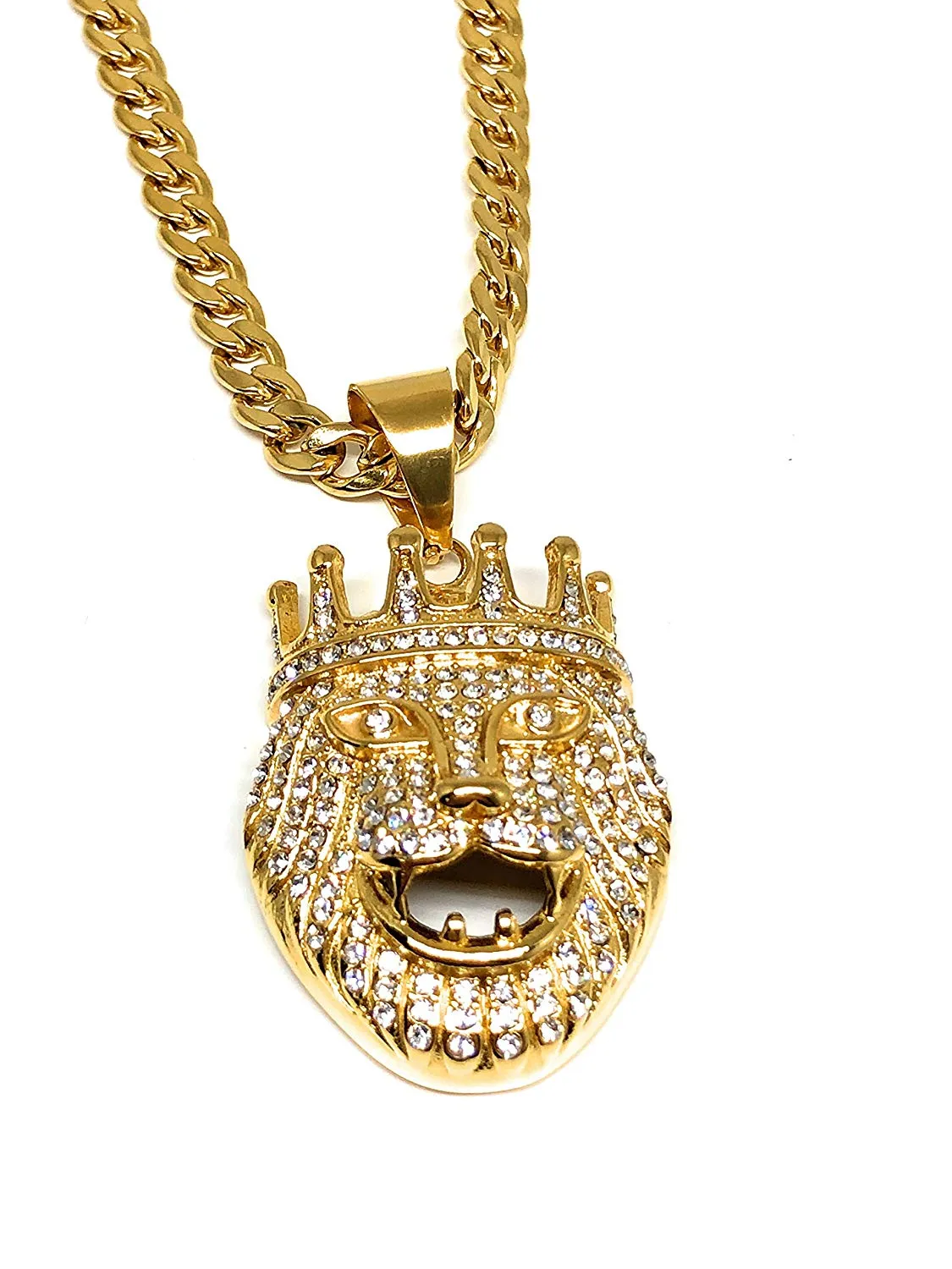 Men's Hip Hop Gold Plated Iced Out Lion Crown Face Head Pendant Necklace 30 Cuban Link 7mm