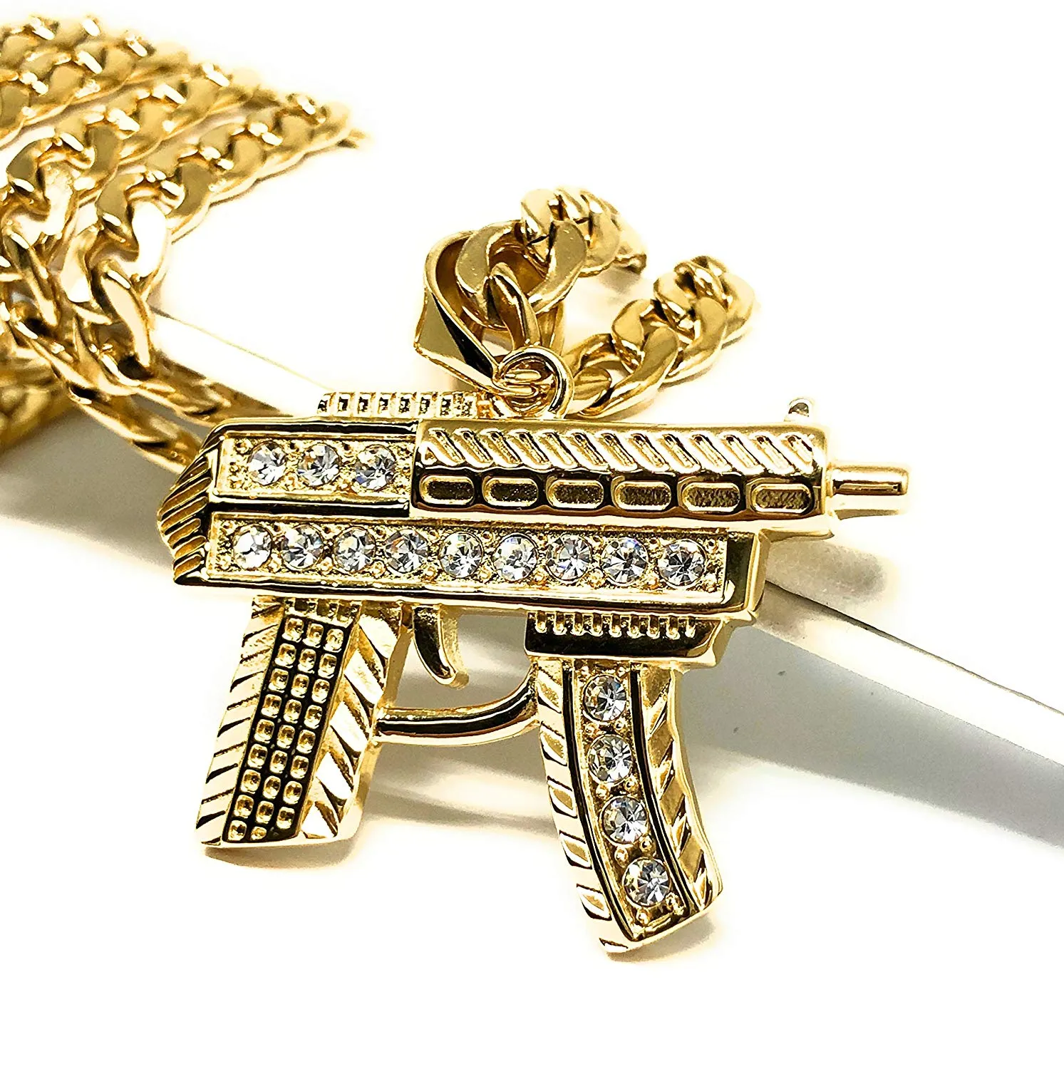 Men's Hip Hop Gold Plated Iced Out Uzi Machine Gun Pendant Necklace 30 Cuban Link Chain 7mm