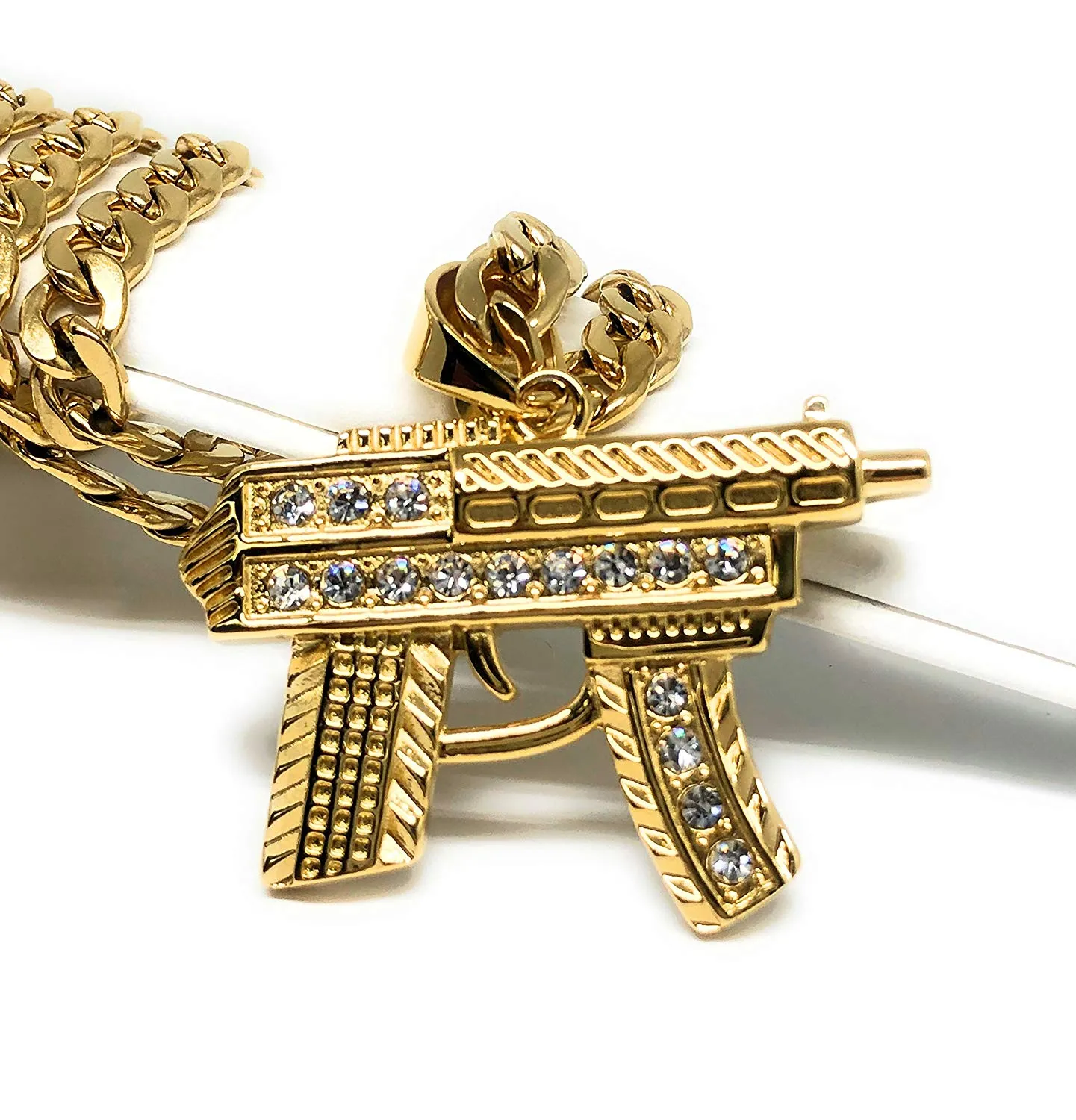 Men's Hip Hop Gold Plated Iced Out Uzi Machine Gun Pendant Necklace 30 Cuban Link Chain 7mm