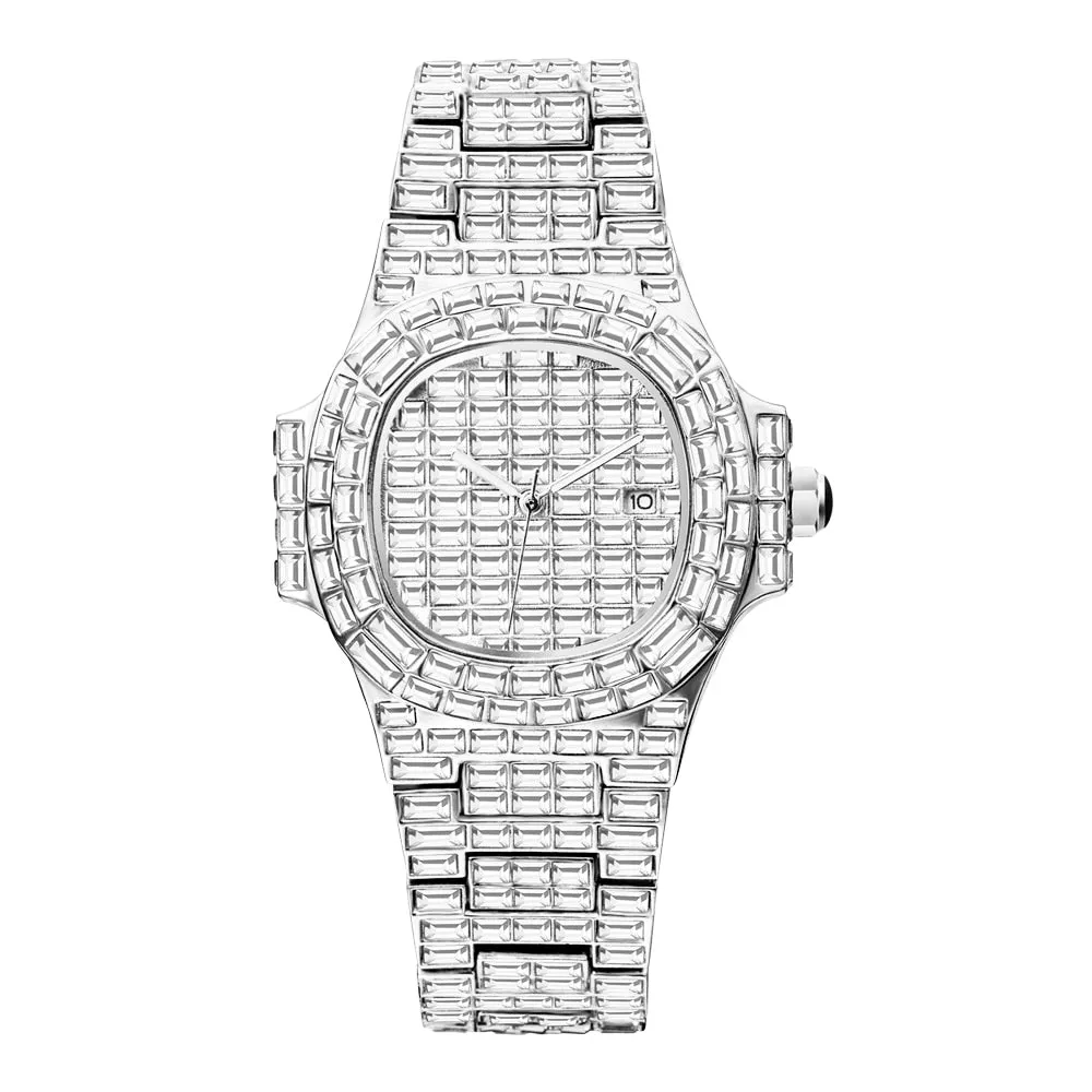 Men's Luxury Baguette Diamond Round Case Hip Hop Quartz Wristwatch