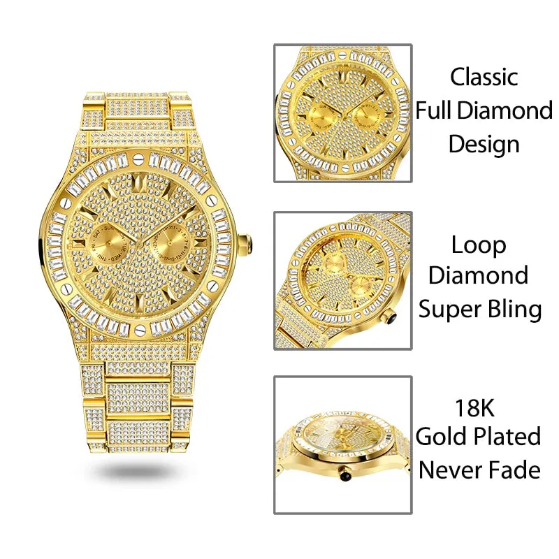 Men's Luxury Bling Square Diamond Stainless Steel Quartz Wristwatch