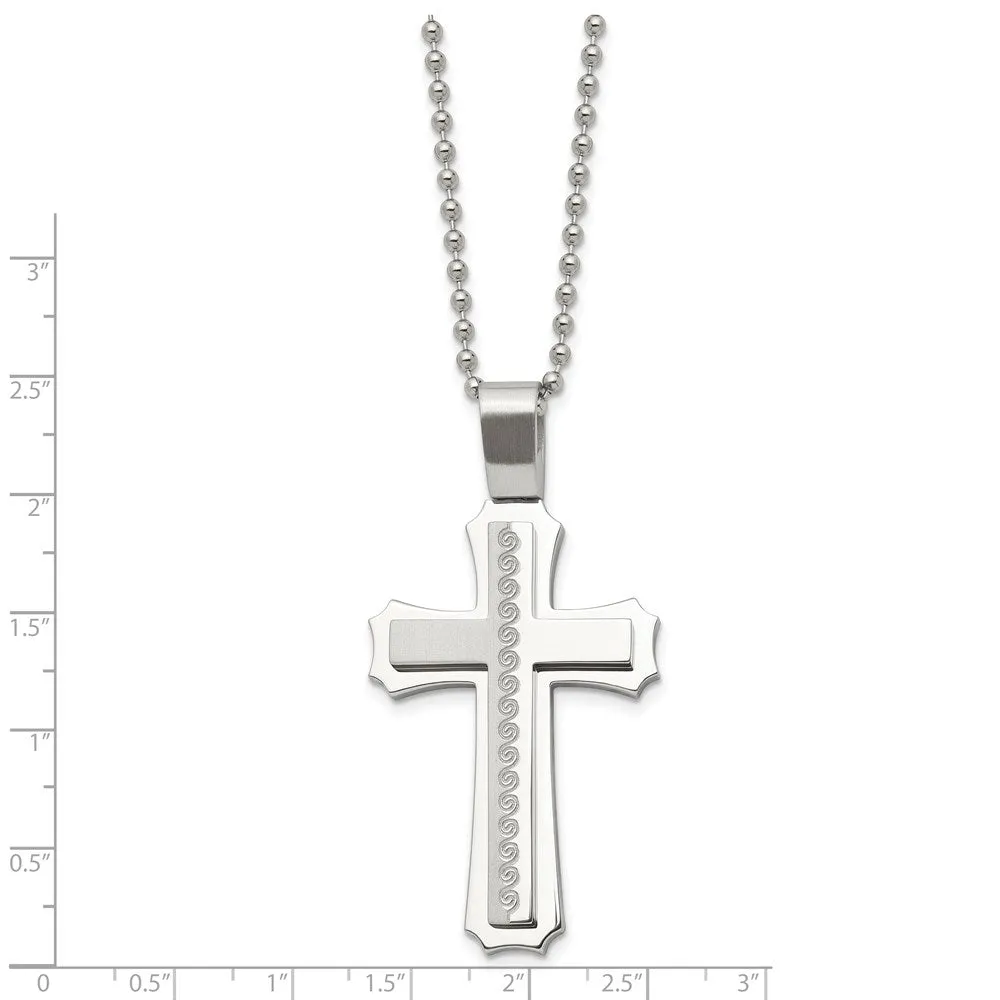 Men's Stainless Steel Brushed & Polished Swirl Cross Necklace, 24 Inch