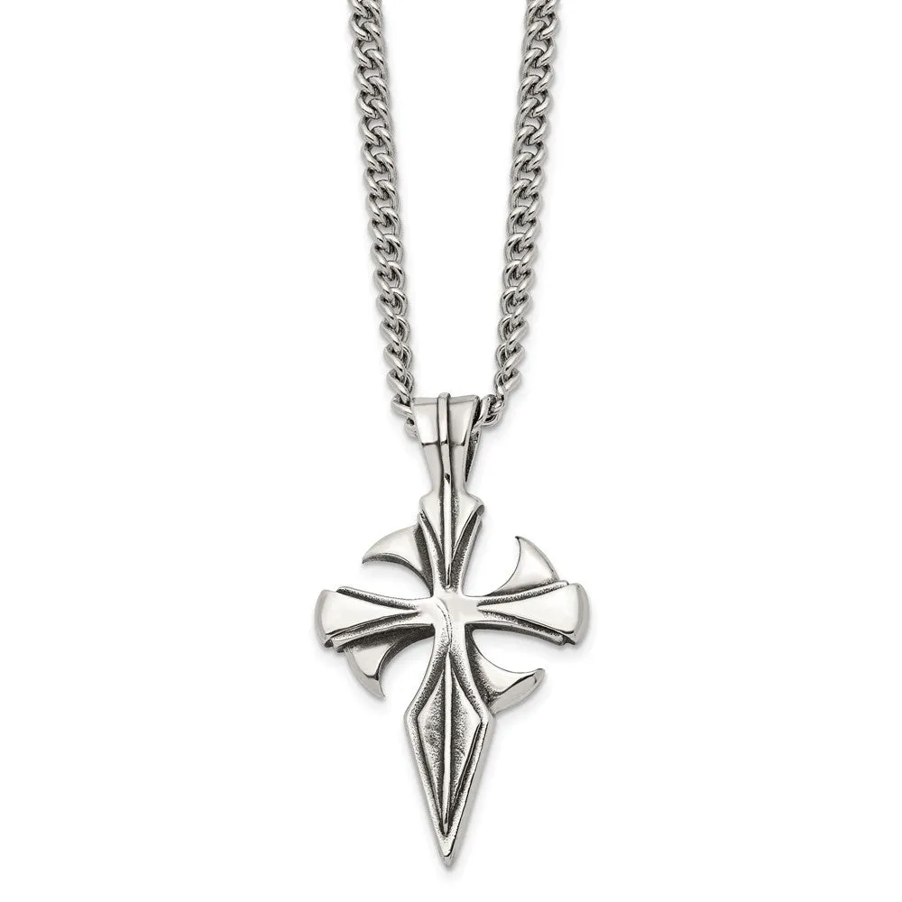 Men's Stainless Steel Large Antiqued Dagger Cross Necklace, 22 Inch