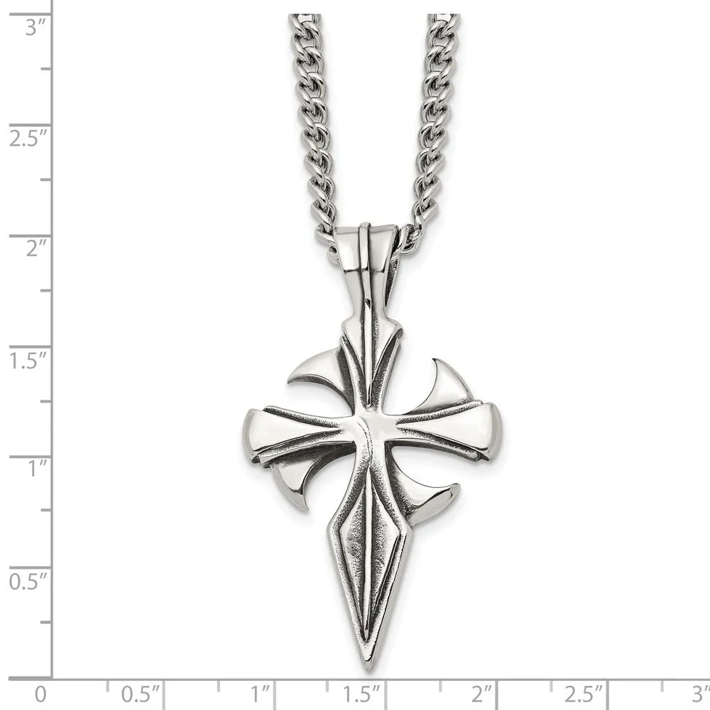 Men's Stainless Steel Large Antiqued Dagger Cross Necklace, 22 Inch