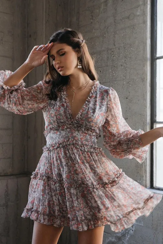 Printed Ruffle Long Balloon Sleeved Empire Waist Mini Dress