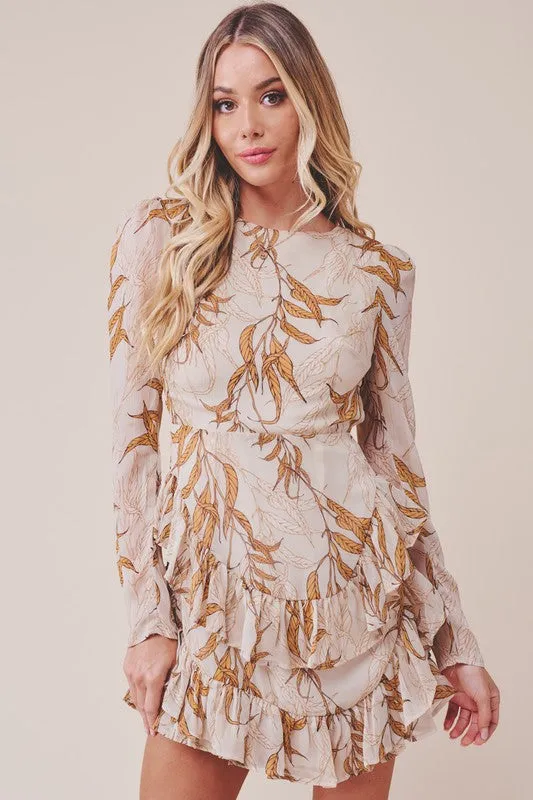 Printed Ruffle Long Sleeved Tiered Mini Dress