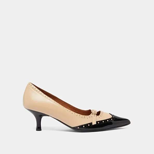 Pumps with straps and perforated details in black patent and beige leather