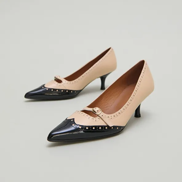 Pumps with straps and perforated details in black patent and beige leather