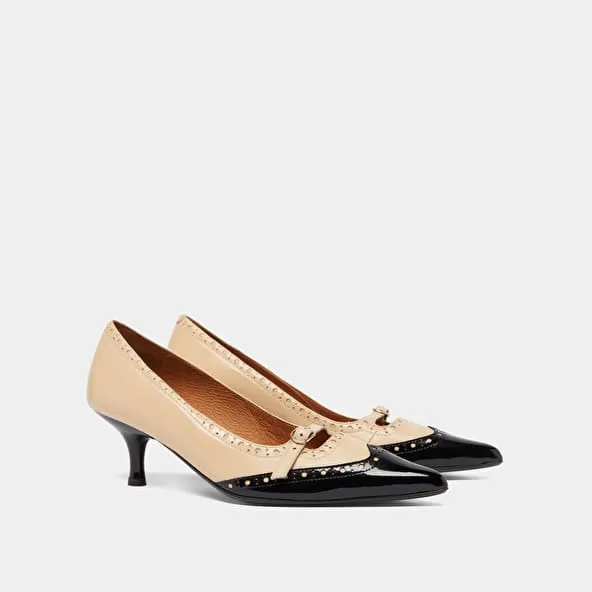 Pumps with straps and perforated details in black patent and beige leather