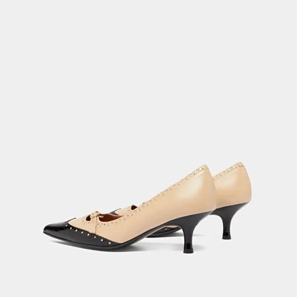 Pumps with straps and perforated details in black patent and beige leather