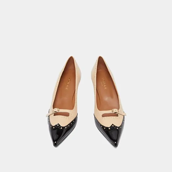 Pumps with straps and perforated details in black patent and beige leather