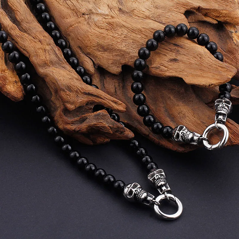 Stainless Steel Black Beads Double Skull Bracelet & Necklace Set For Men