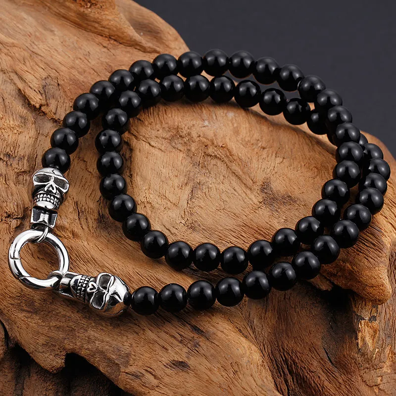 Stainless Steel Black Beads Double Skull Bracelet & Necklace Set For Men