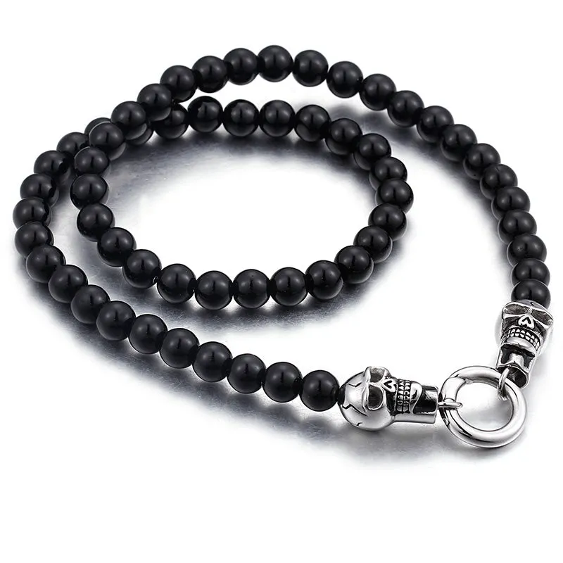 Stainless Steel Black Beads Double Skull Bracelet & Necklace Set For Men