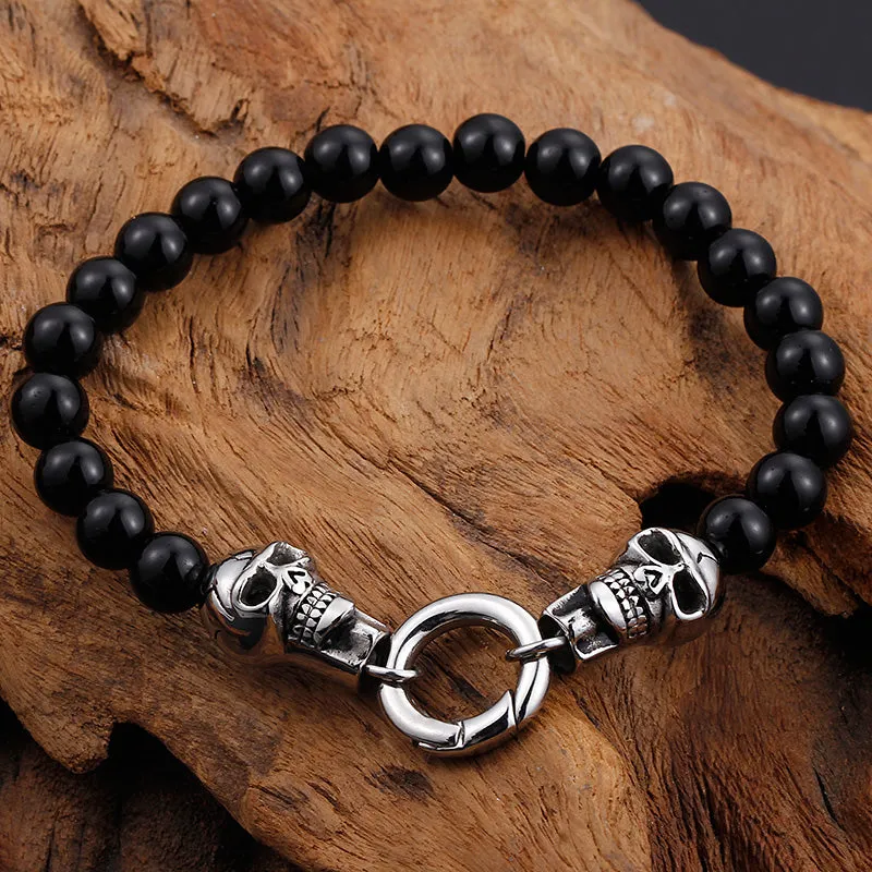 Stainless Steel Black Beads Double Skull Bracelet & Necklace Set For Men