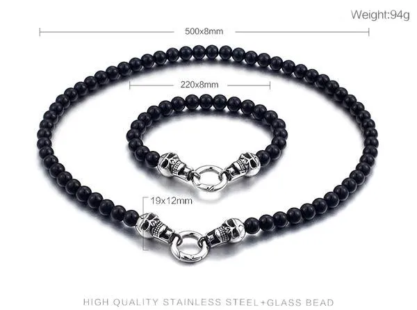 Stainless Steel Black Beads Double Skull Bracelet & Necklace Set For Men