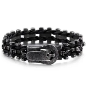 Stainless Steel Braided Leather Men Skull Bracelet