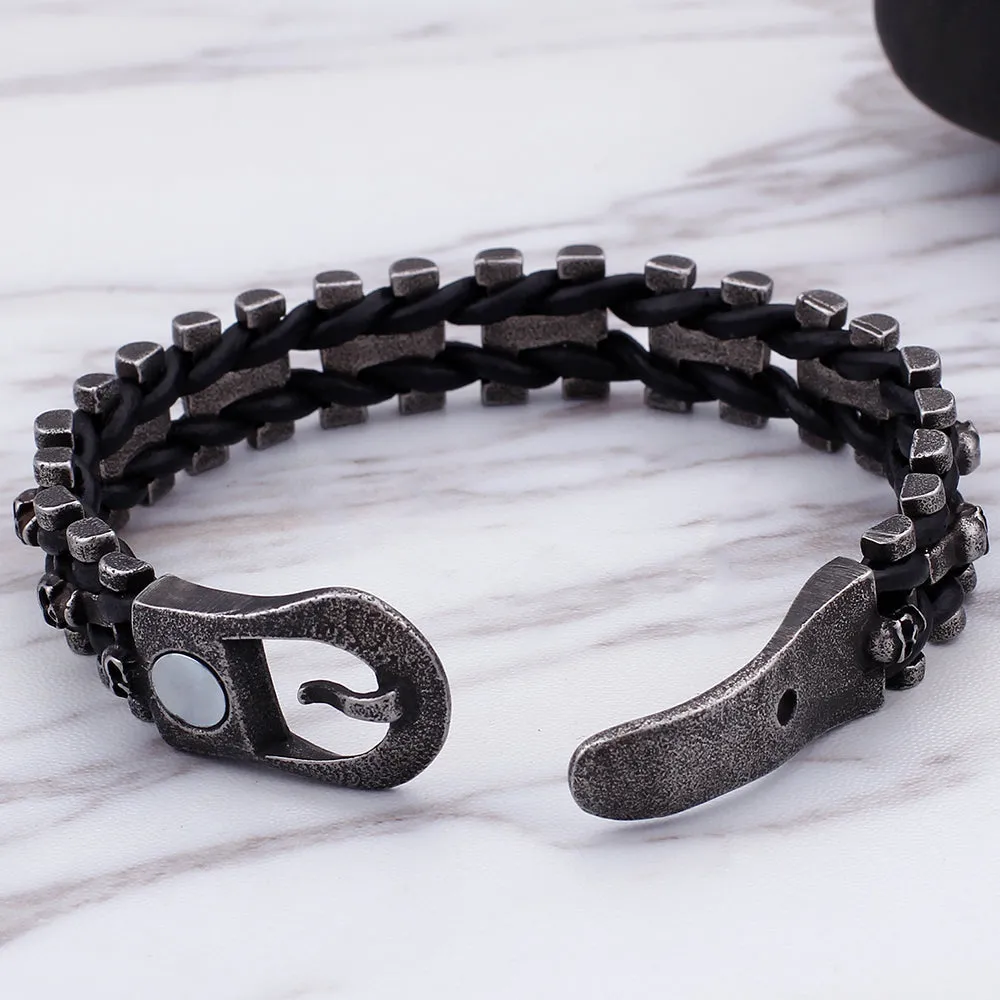 Stainless Steel Braided Leather Men Skull Bracelet