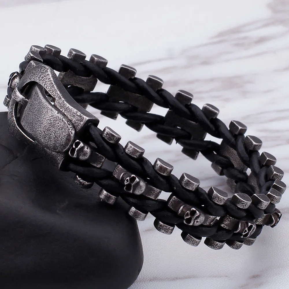 Stainless Steel Braided Leather Men Skull Bracelet