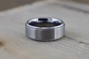 Tungsten Carbide 8mm Brushed Finish Flat Row With Stepped Edge Men's Ring