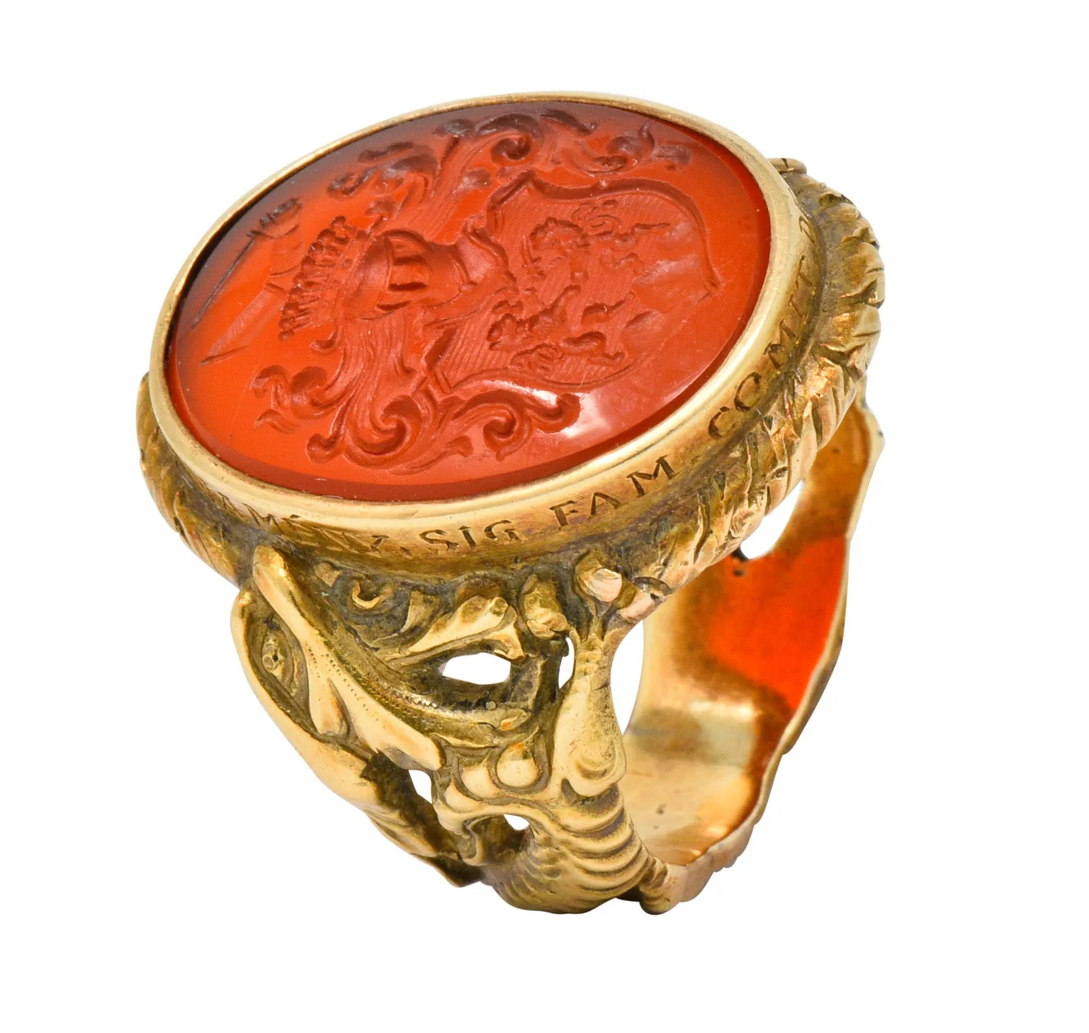 Victorian Carnelian Intaglio 14 Karat Gold Heraldry Men's Dragon Signet Ring