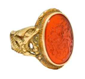 Victorian Carnelian Intaglio 14 Karat Gold Heraldry Men's Dragon Signet Ring